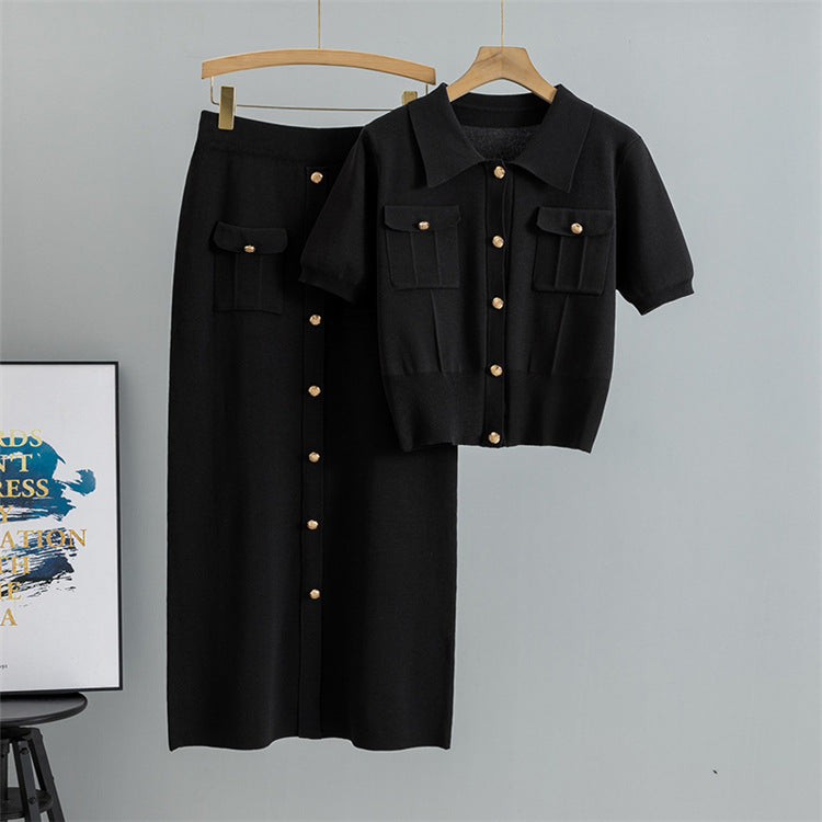 Black - Short-sleeve Knitted Cardigan Two Piece Set