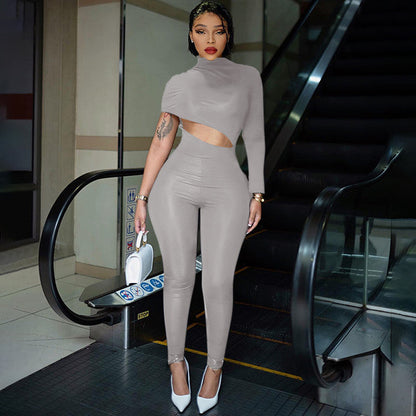 Clothing Autumn Winter Street Tight Fitting Color Irregular Asymmetric Cropped Exposed Jumpsuit Trousers