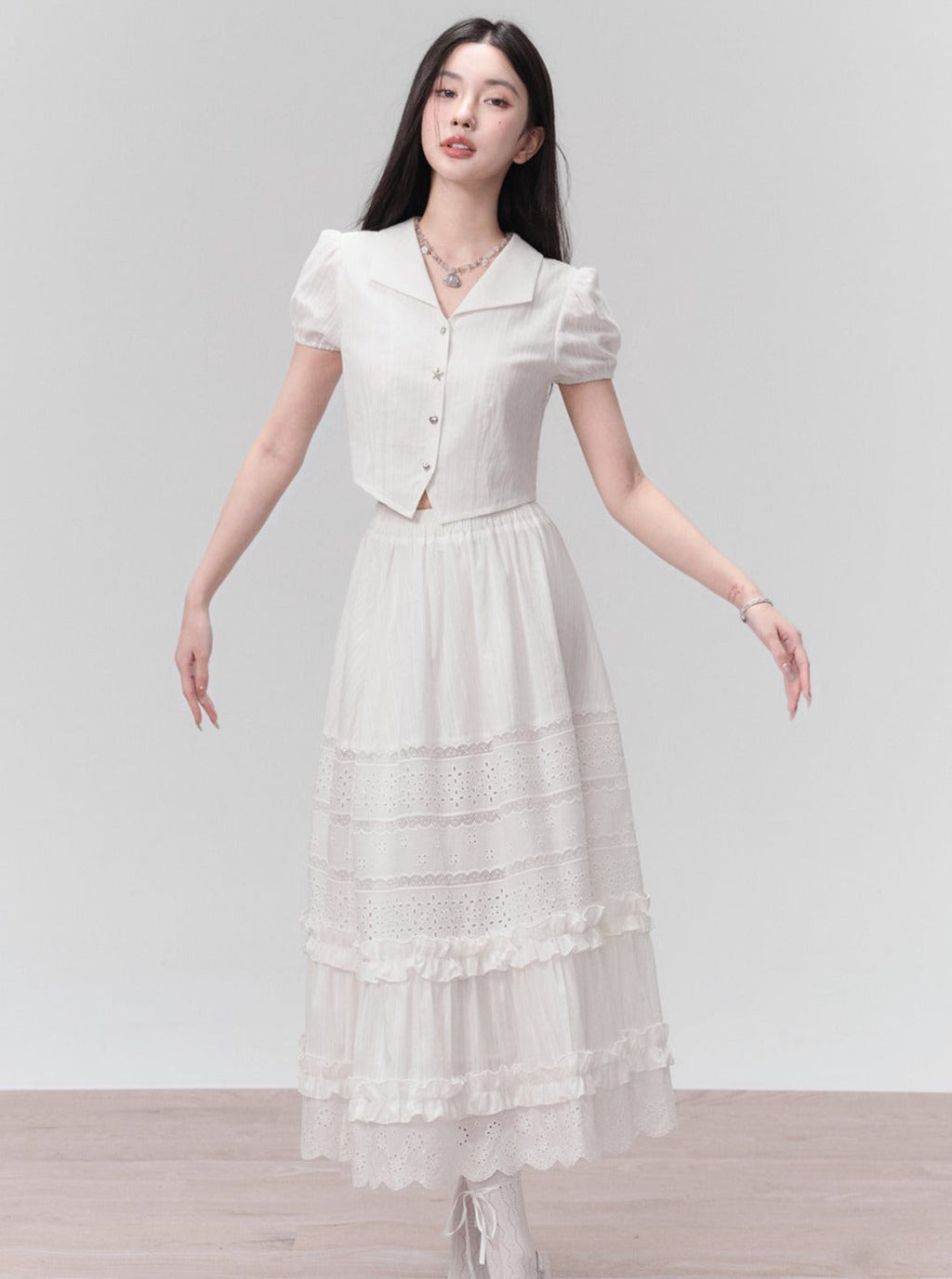 Ethereal Elegance Two-piece Set: Puff Sleeve Crop Blouse & Tiered Lace Midi Skirt - Pure White