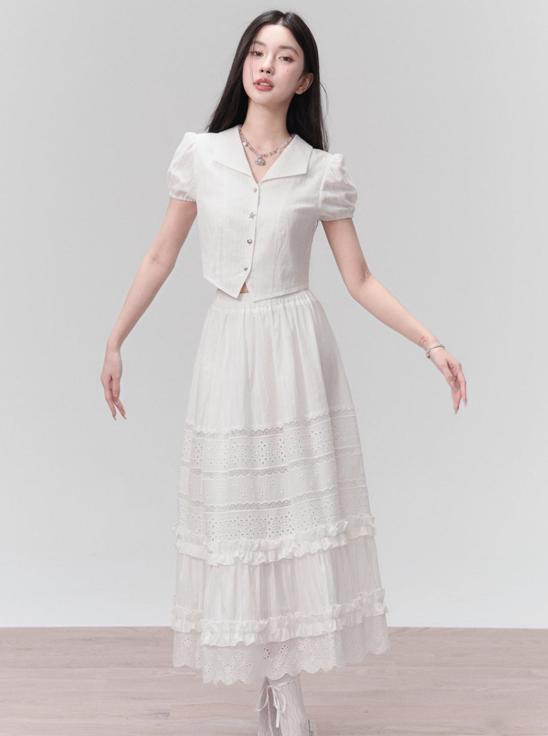 Ethereal Elegance Two-piece Set: Puff Sleeve Crop Blouse & Tiered Lace Midi Skirt - Pure White