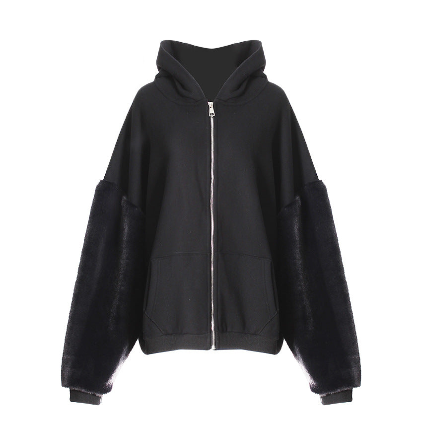 Winter Hooded Fleece Lined Furry Sleeves Sweatshirt Idle Loose Sleeve Length Cardigan Outerwear Top