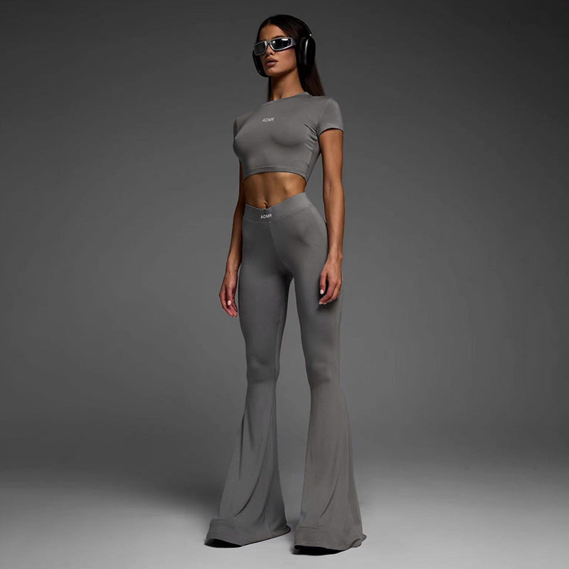 Sports Basic Pullover Cropped Short Sleeve Top High Waist Flared Pants Yoga Two Piece Set