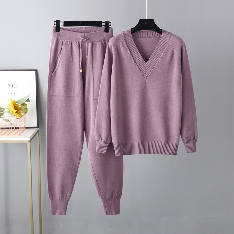 Autumn Winter Sweater Harem Pants Suit Russian Sweater Pullover Two Piece Set