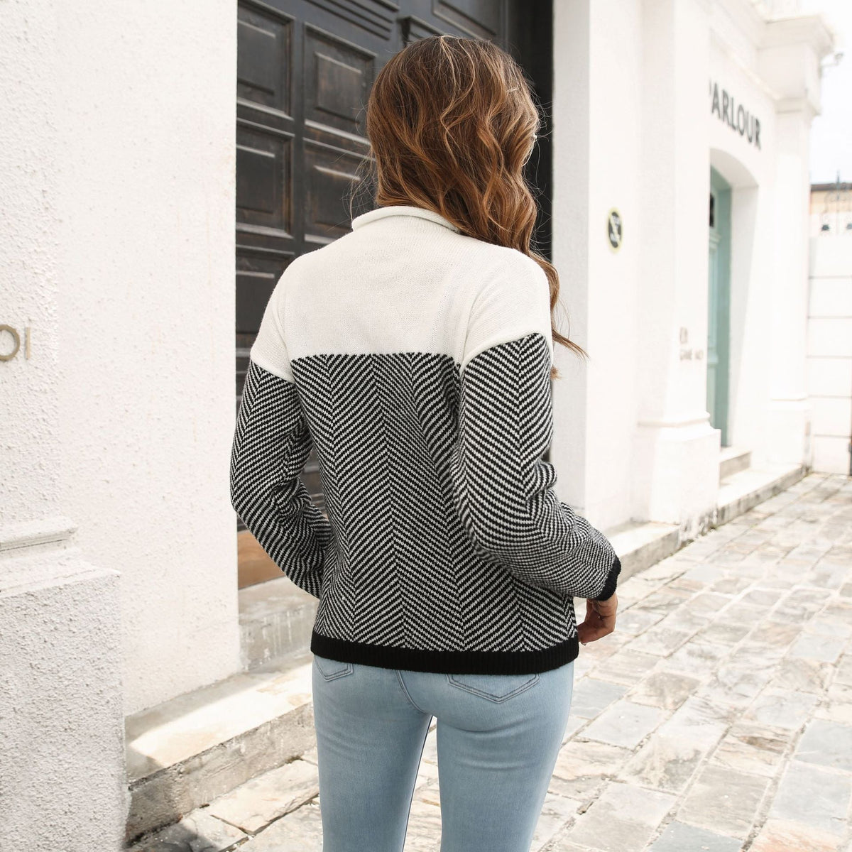Twill Striped Color Matching Sweater Loose Autumn Winter Long Sleeve Knitwear Sweater