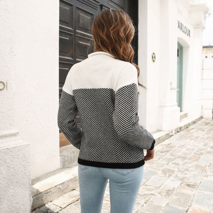 Twill Striped Color Matching Sweater Loose Autumn Winter Long Sleeve Knitwear Sweater