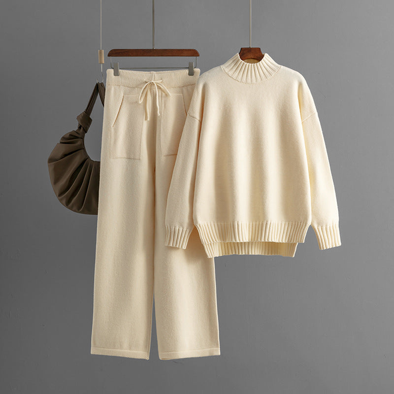 Cold Proof Knitted Suit Thick Loose Sweater Half High Collar Long Sleeves Two Piece Suit