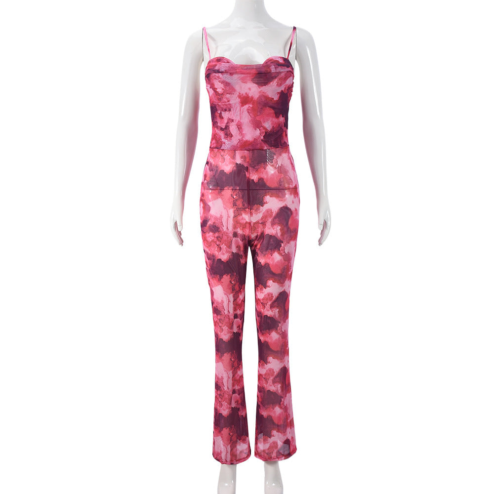 Clothing Autumn Mesh Print Backless Suspenders Jumpsuit