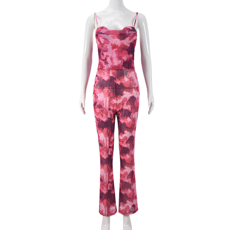 Clothing Autumn Mesh Print Backless Suspenders Jumpsuit