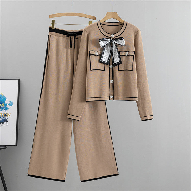 Khaki - Knitted Cardigan Two Piece Set