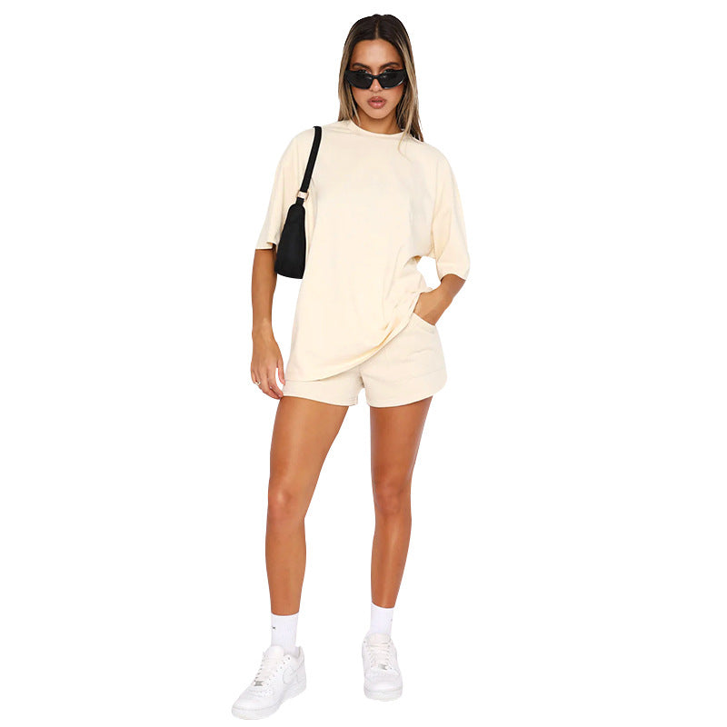 Color Round Neck Half Sleeve Pullover Top Clothing Shorts Suit Summer