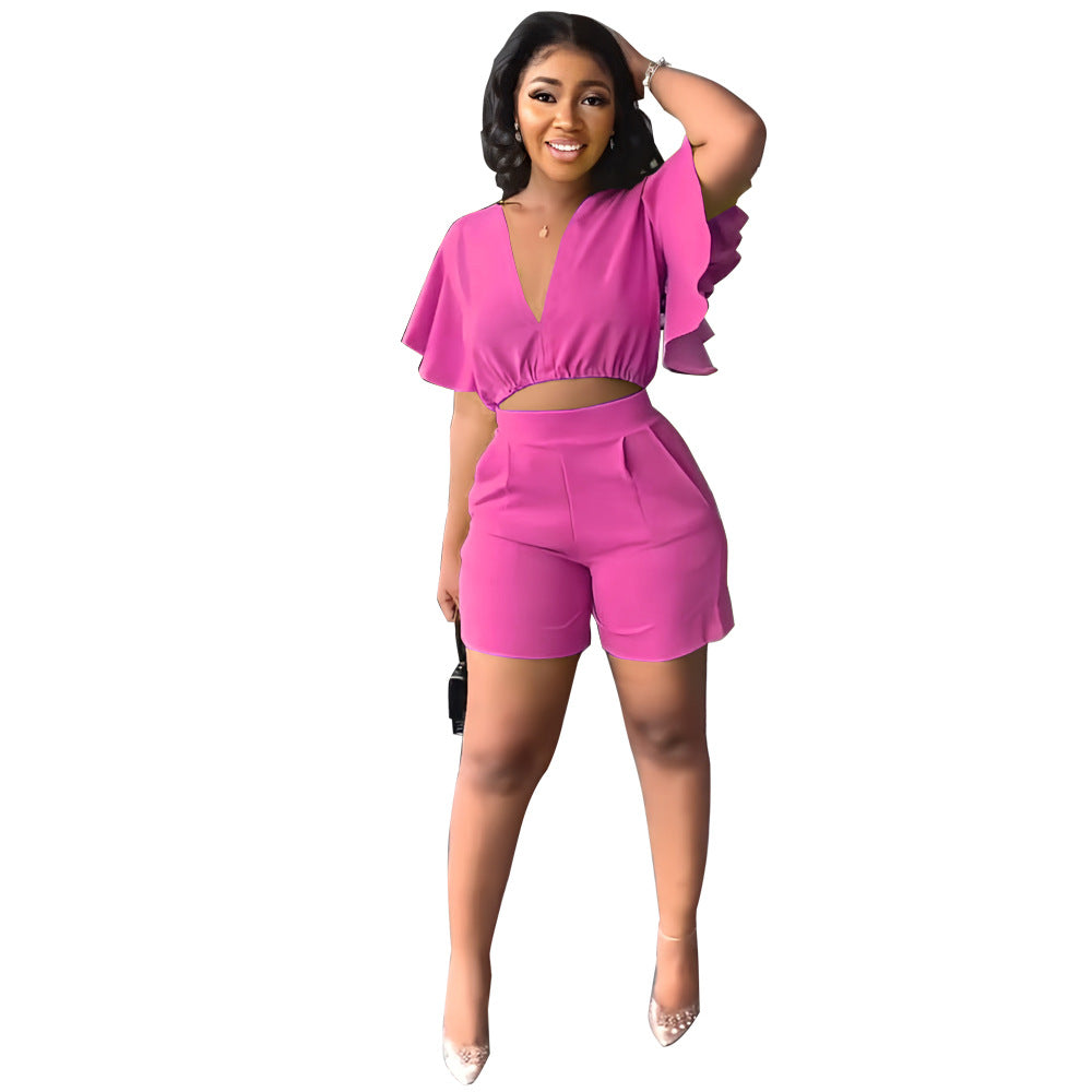 Ruffled Short V Neck Top Shorts Summer Two Piece Set