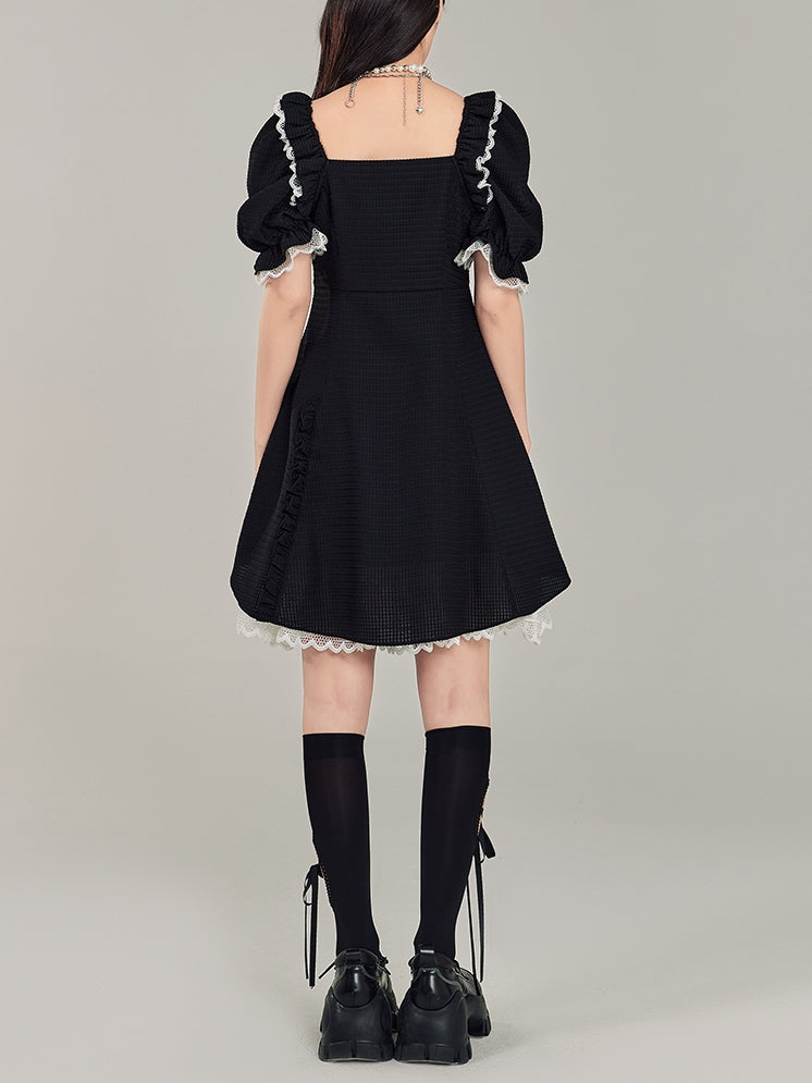 Puff Sleeve Black Square Neck Dress