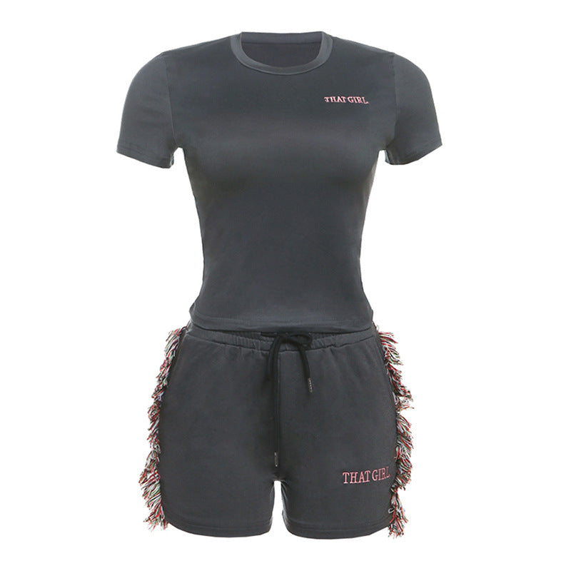 Spring Summer Slim Fit Short Embroidered Top High Waist Color Shorts Set
