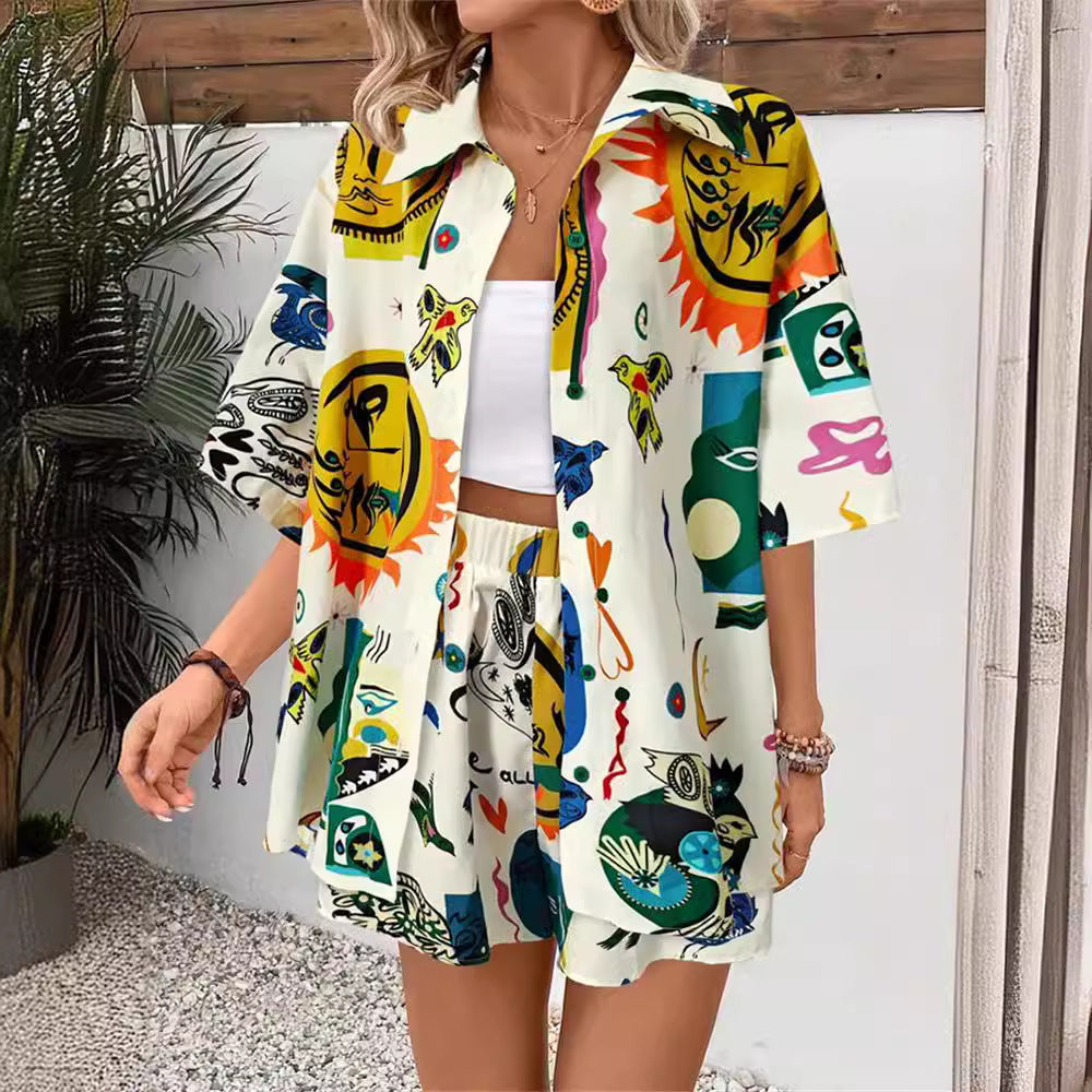 Graffiti Printing Cardigan Shirt Shorts Two Piece Set Contrast Color Pants Spring Autumn Clothing Amplified Craft