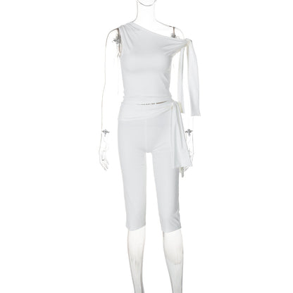 Clothing Summer Street Shooting Diagonal Collar Sleeveless Top Slim Fit Tied Shorts Suit
