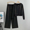 Black - Loose Rhinestone Cardigan Two Piece Set