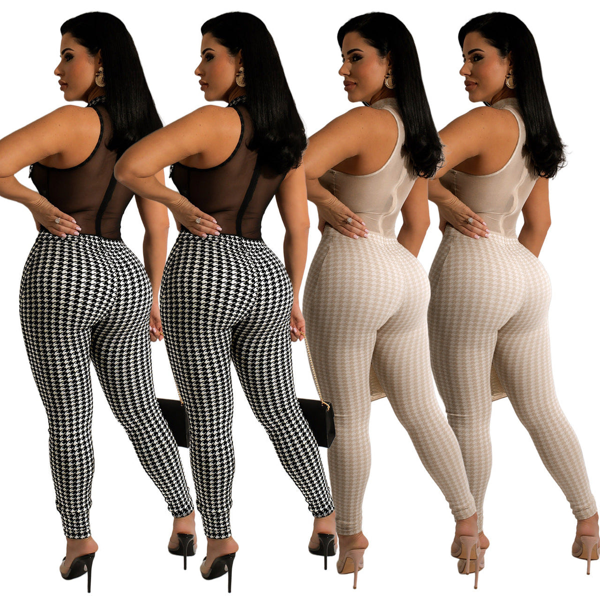 Clothing Summer Club Sleeveless Houndstooth Knitting Threads See-through Jumpsuit