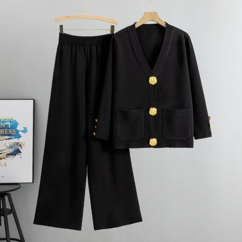 Knitted Cardigan Sweater Two Piece Set - Black