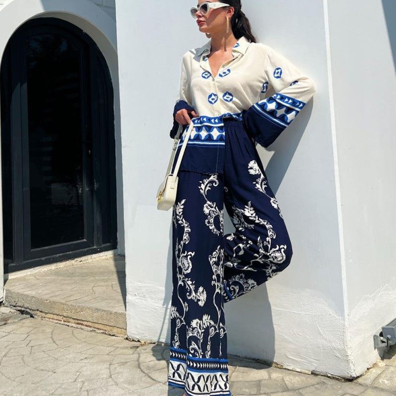 Clothing Positioning Printed Loose Long Sleeves Top Wide Leg Pants Two Piece Set