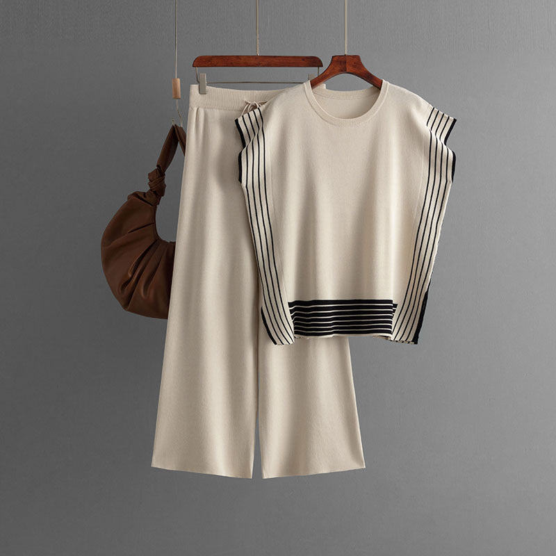 Suit Striped Patchwork Round Neck Loose Two Piece Dress of Knitted Sweater High Waist Straight Wide Leg Pants