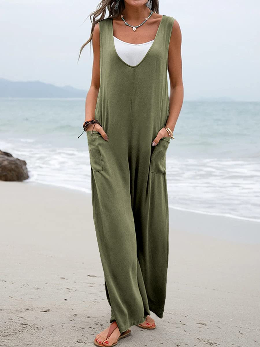 Summer Popular Color Stickers Bags Jumpsuit V Neck Suspender Pants Wide Leg Trousers for
