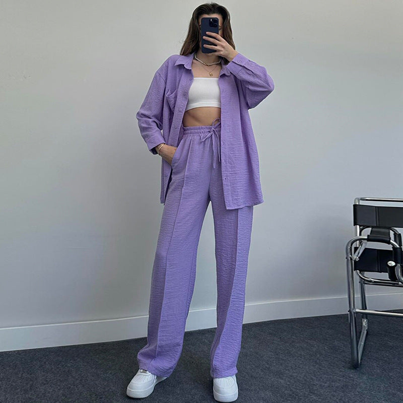 Suit Autumn Winter Long Sleeved Shirt Pleated Elastic Waist Pants Two Piece Set
