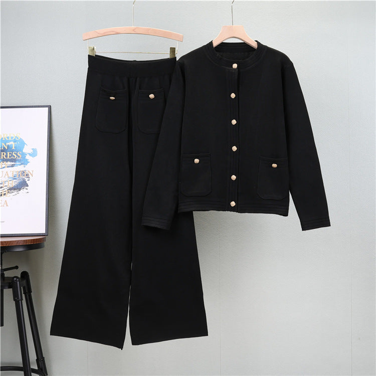 Black – Cardigan Top & Wide-leg Pants Two Piece Set