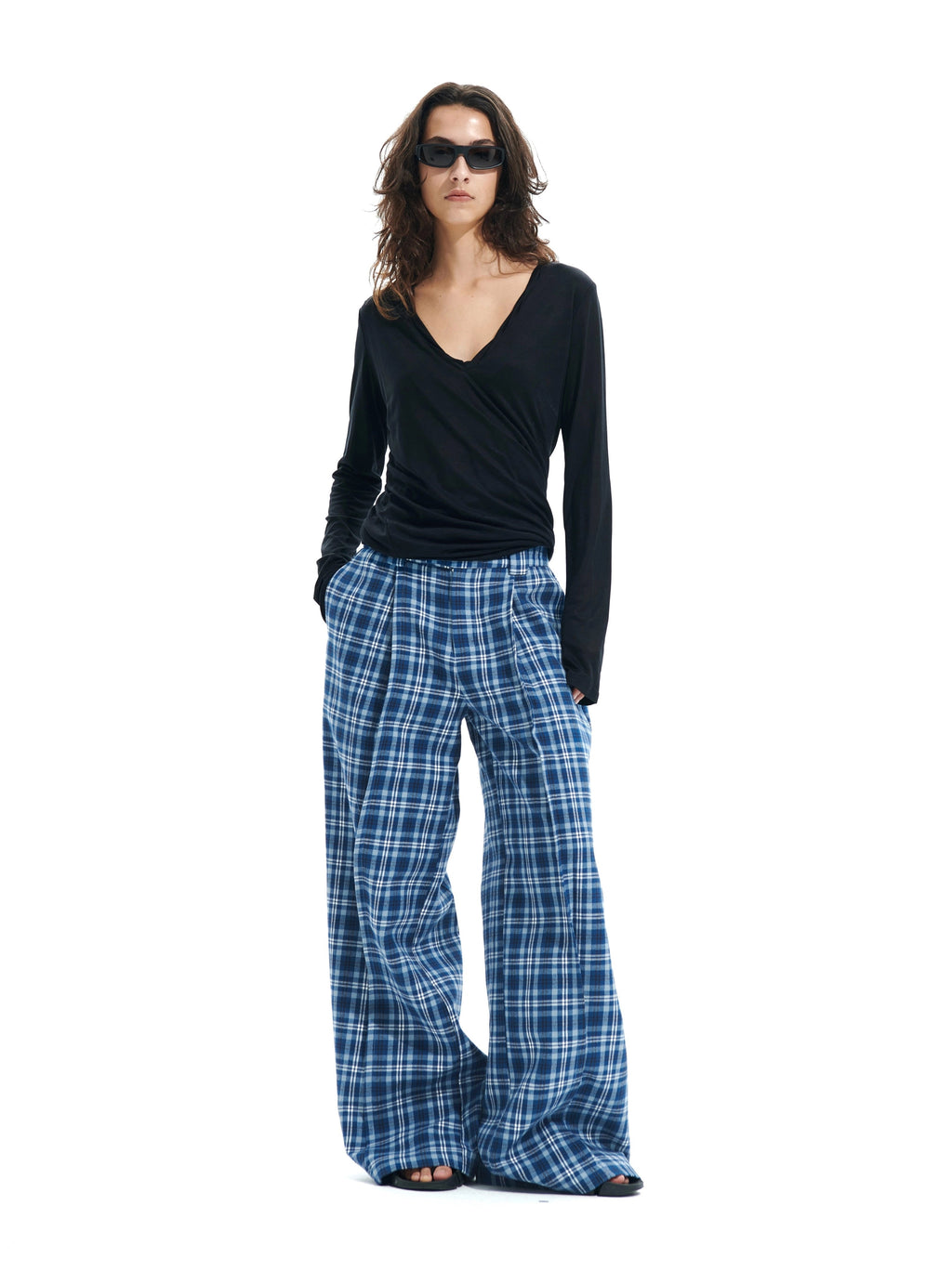 Wide-leg Plaid Pants