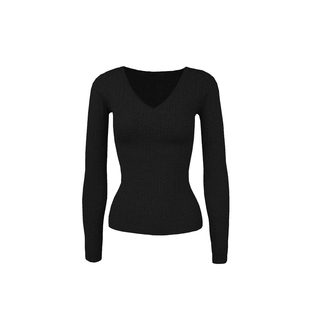 Low V-neck Slim-fit Long Sleeve Sweater