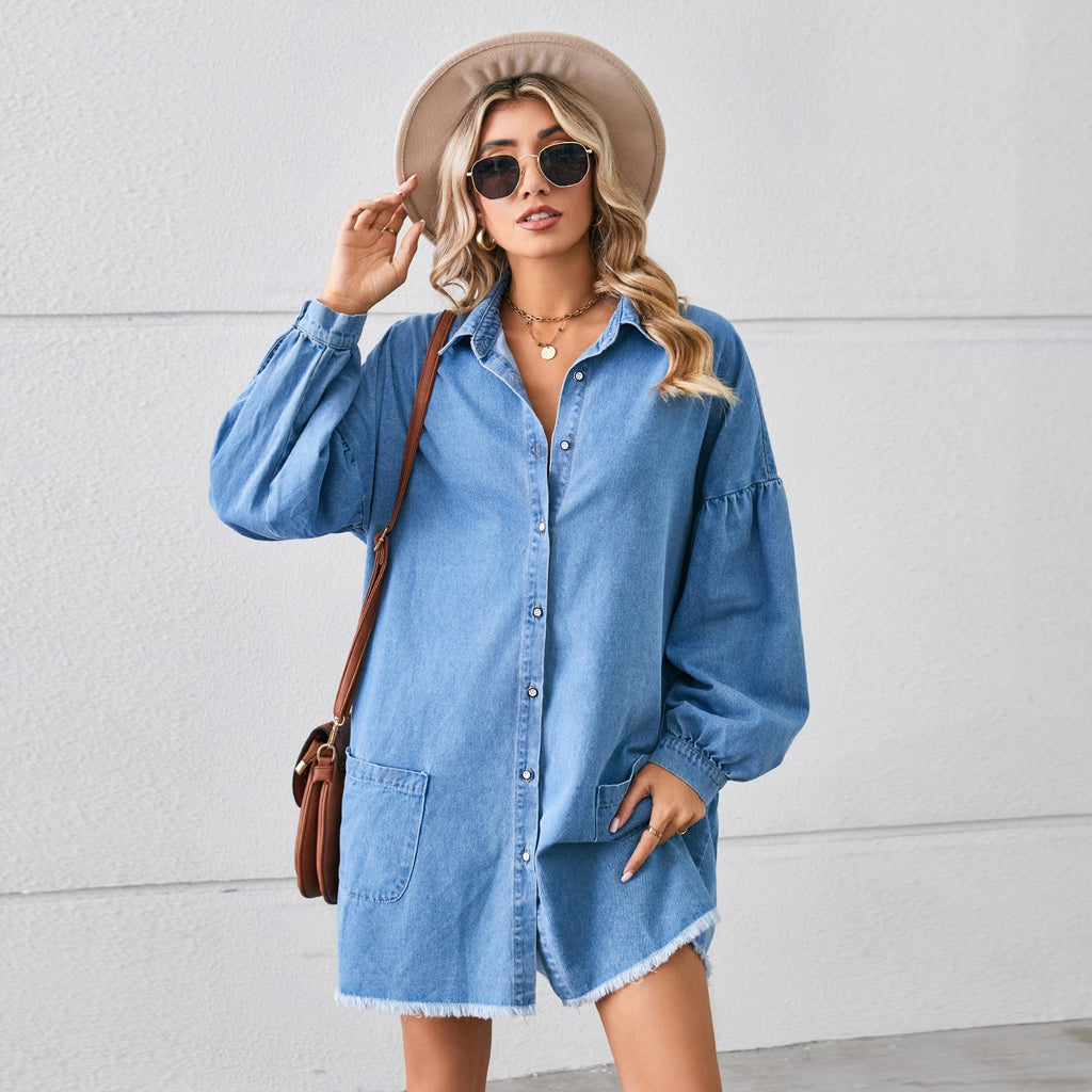 Loose Denim Long Sleeve Frayed Dress Midi Dress