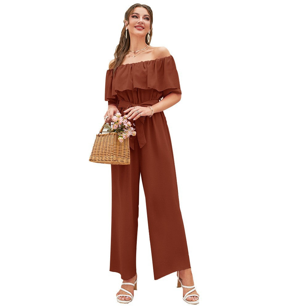 Clothing Summer Off Shoulder Ruffle Sleeve Lace Up Cropped Wide Leg Pants