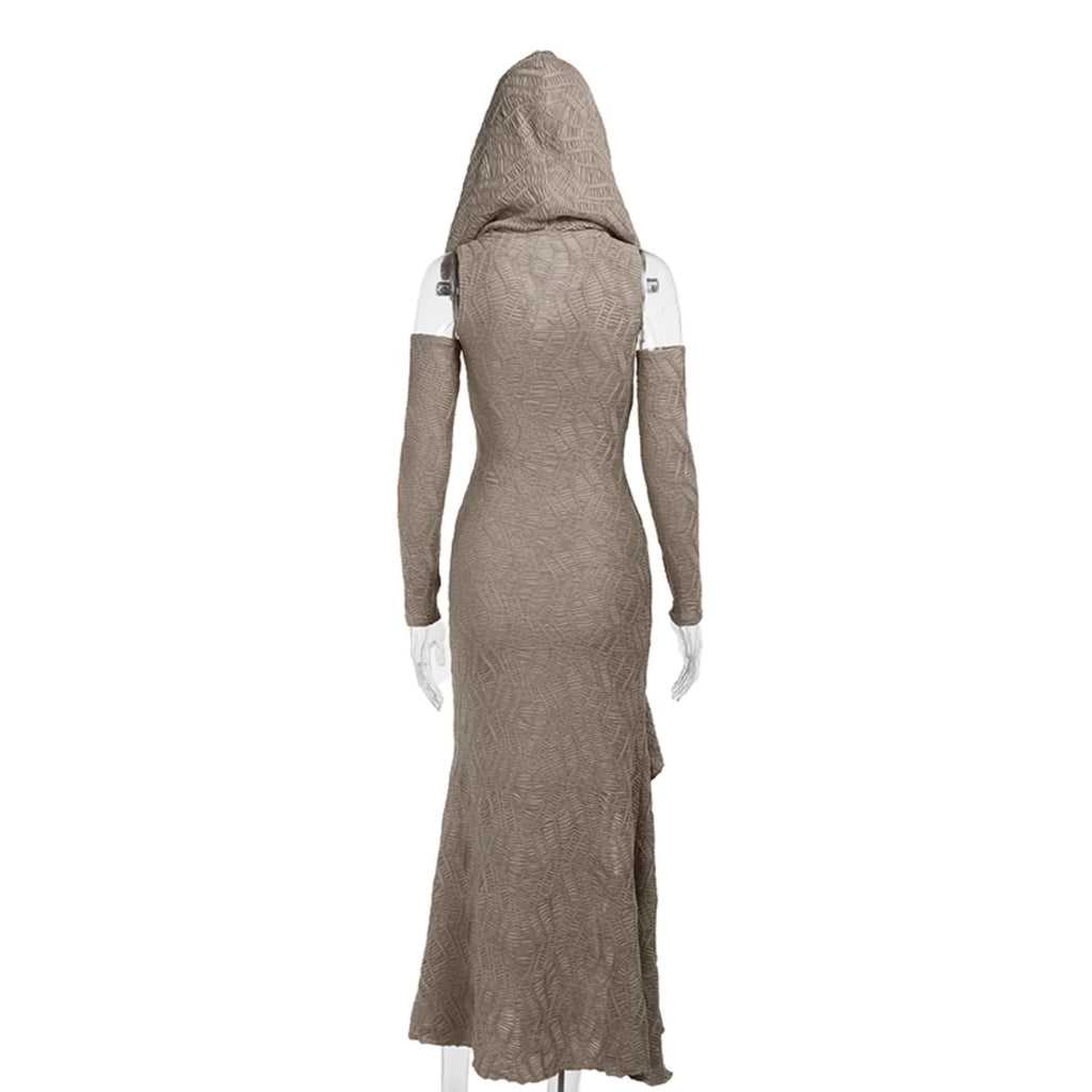 Wannathis Avant-garde Hooded Maxi Dress - Taupe Cold Shoulder Gown With Ruffle Detail