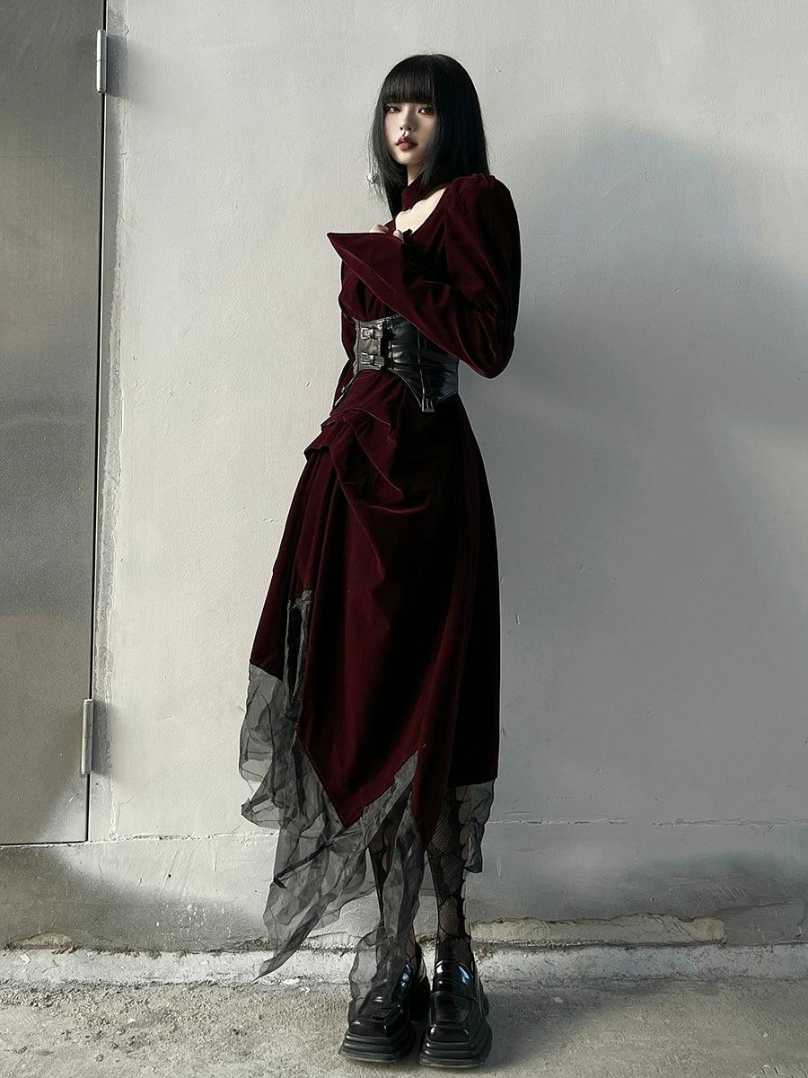 Ladyghost Gothic Victorian Maxi Dress - Burgundy Velvet and Black Mesh Layered Gown With Corset Belt