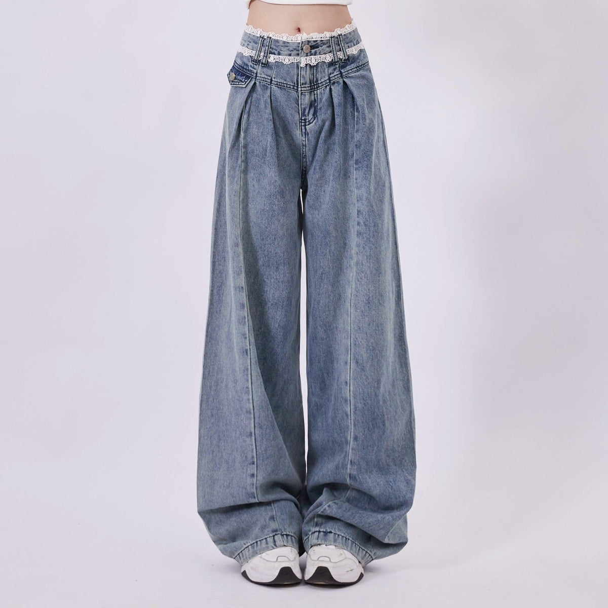 Rayohopp High-waisted Wide Leg Denim Jeans - Wash Pleated Palazzo Pants With Relaxed Fit