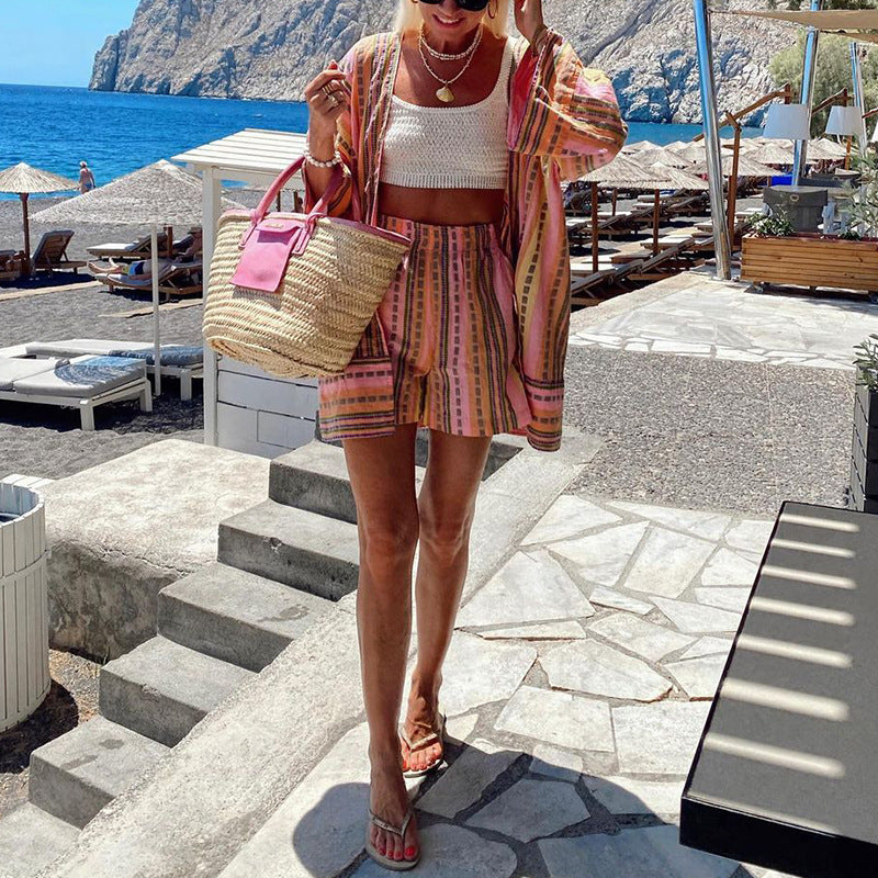 Clothing Autumn Winter Printed Loose Top Shorts Two Piece Sets