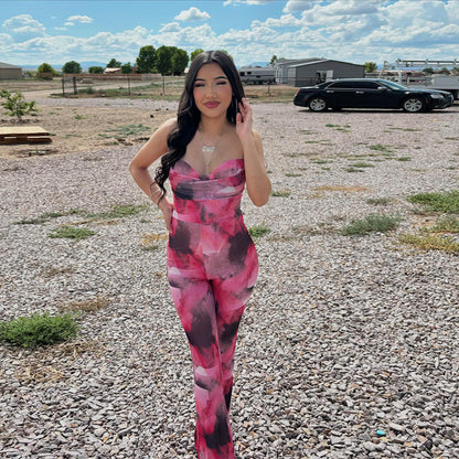 Clothing Autumn Mesh Print Backless Suspenders Jumpsuit