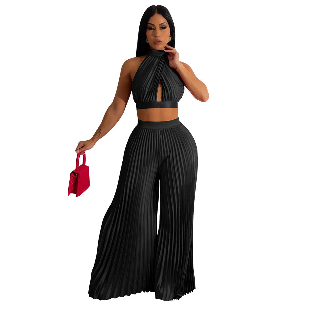 Clothing Halter Backless Artificial Silk Pleated Wide Leg Pants Two Piece Set