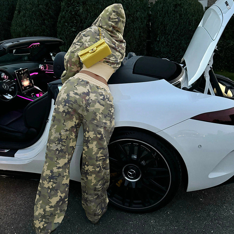 Contrast Color Cinched Hoodie Long Sleeve Sweatshirt Sweatpants Two Piece Camouflage Cardigan Coat Trousers Sets