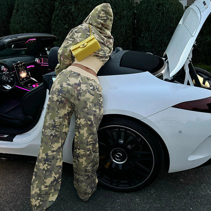 Contrast Color Cinched Hoodie Long Sleeve Sweatshirt Sweatpants Two Piece Camouflage Cardigan Coat Trousers Sets
