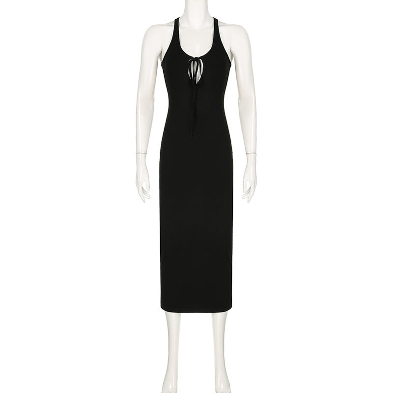 Basic Clothing Color Low Neck Hollow Out Cutout Out Tied Sports Vest Maxi Dress Summer Street Dress