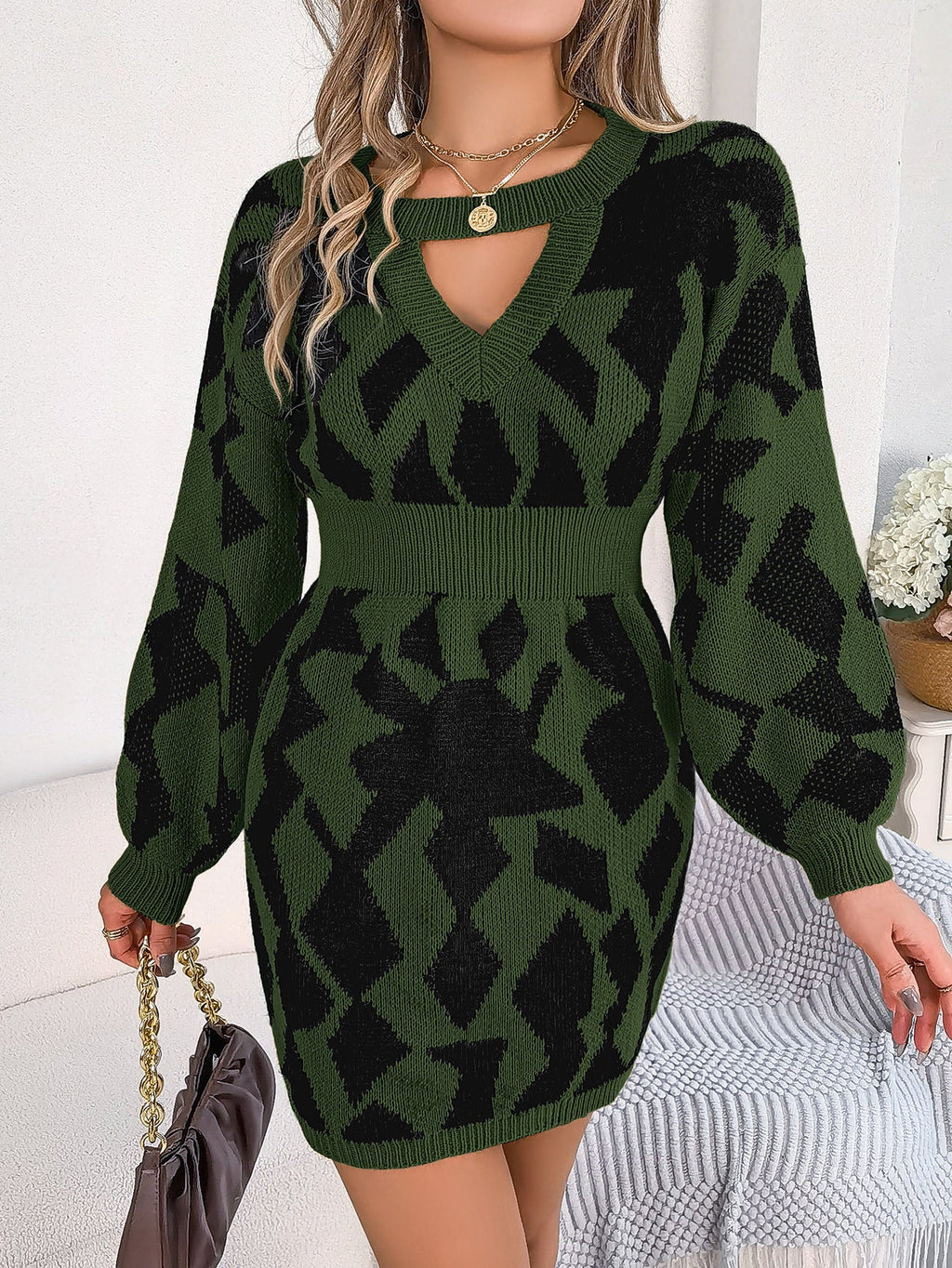 Autumn Winter Color Matching Hollow Out Cutout Out Lantern Sleeve Fitted Waist Sweater Dress Clothing