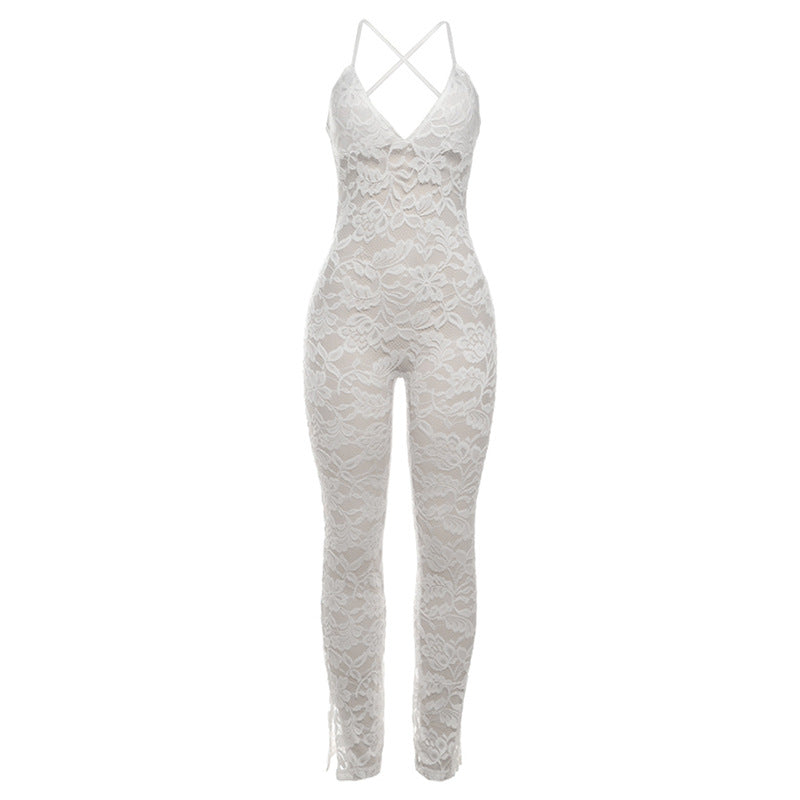 Summer Collection Deep V Plunge Sling Backless Lace See Through Tight Jumpsuit