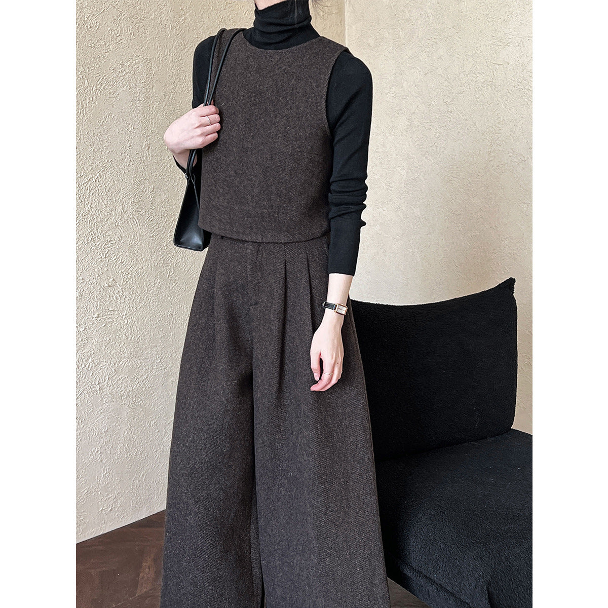 Two Way Vest Wide Leg Pants Autumn Winter Woolen Two Piece Sets