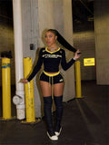 Fall Retro Contrast Color V Neck Slim Fit Long Sleeve Top Drawstring Shorts Two Piece Sets
