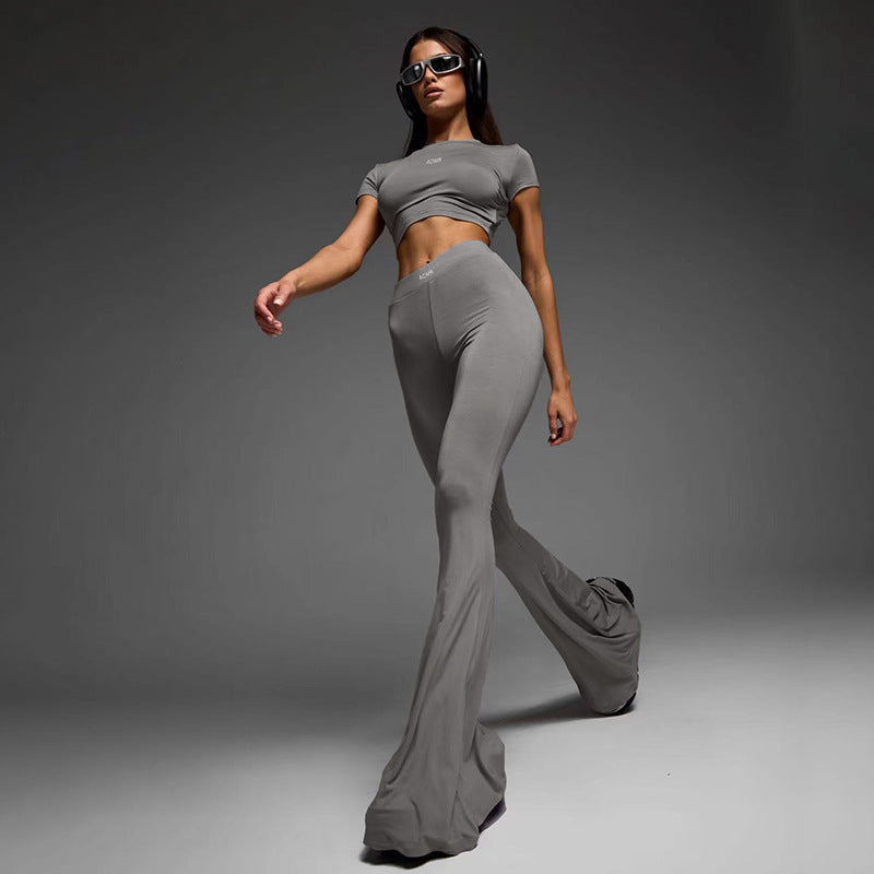 Sports Basic Pullover Cropped Short Sleeve Top High Waist Flared Pants Yoga Two Piece Set