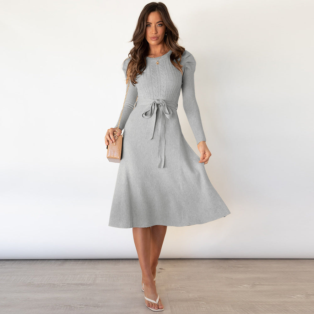 Autumn Winter Bubble Long Sleeve Knitted Dress Mid-length Slimming High Waist Big Swing Dress Base Sweater Dress