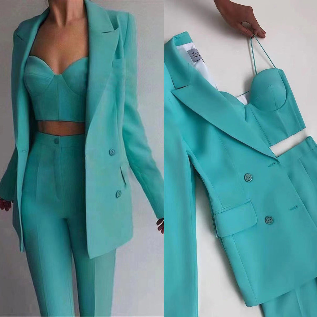 Office Business Plus Bra Pants Blazer Suit Set