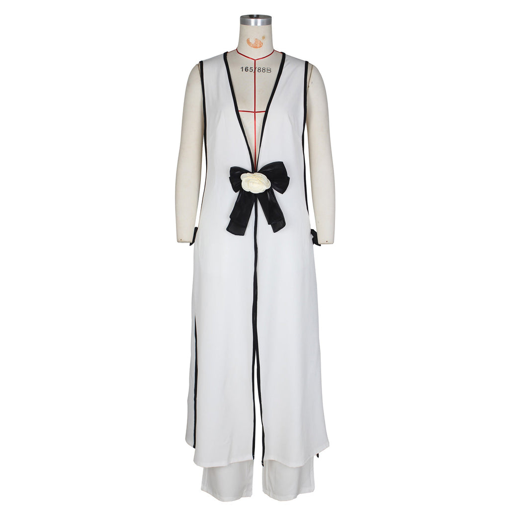 Camellia Bow Sleeveless Long Vest Wide Leg Pants Set