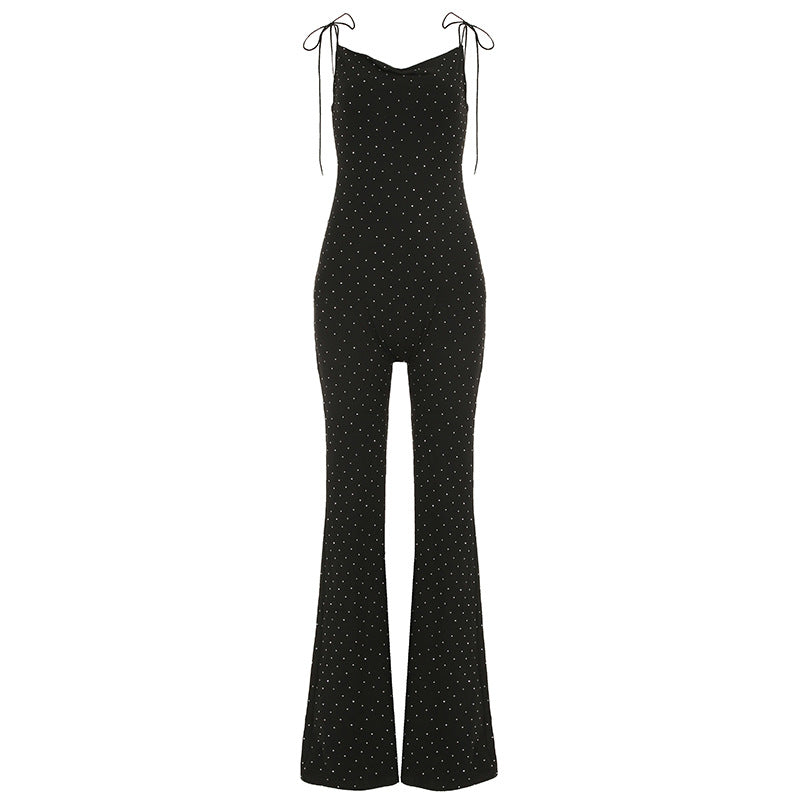 Clothing Rhinestone Siamese Trousers V Neck Slim Fit Sheath Bell Bottom Pants Jumpsuit