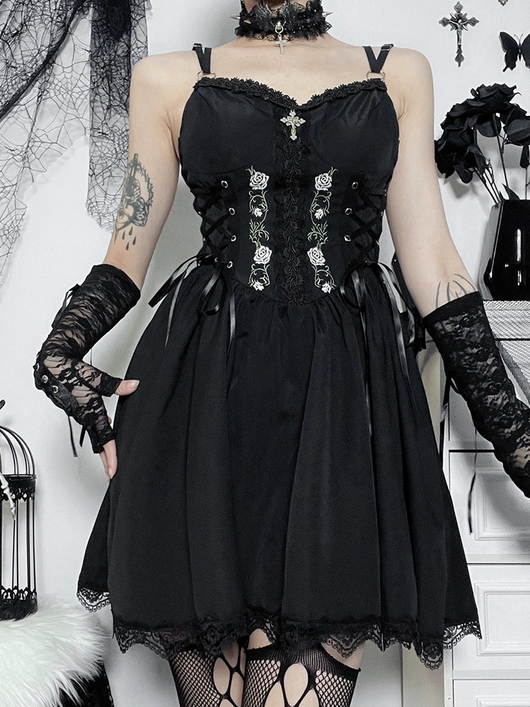 Wannathis Gothic Lolita Dress Set - Black Corset Mini Dress With Lace Bolero and Gloves